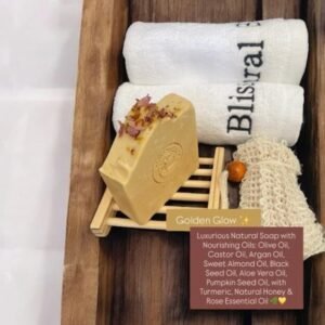 Golden Glow Soap Ingredients: Olive Oil, Castor Oil, Argan Oil, Sweet Almond Oil, Black Seed Oil, Pumpkin Extract, Aloe Vera Oil, Distilled Water, Sodium Hydroxide, Turmeric, Natural Honey, Rose Essential Oil. 100g