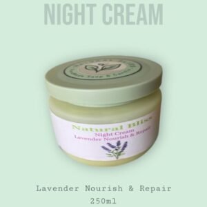 Night Cream – Natural Bliss Ingredients: Distilled water, BTM MS emulsifier, plant-based glycerin, cocoa butter, argan oil, sweet almond oil, coconut oil, vitamin E, phenoxyethanol (preservative), lavender essential oil, Note: Available in four essential oils — * Day Cream: Orchid Flower, Tropical Fruits * Night Cream: Lavender, Papaya & Vanilla ,250ml