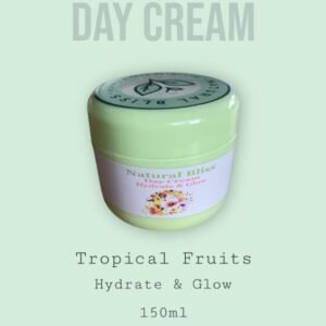 Day Cream – Natural Bliss Ingredients: Distilled water, BTM MS emulsifier, plant-based glycerin, shea butter, jojoba oil, sweet almond oil, vitamin E, phenoxyethanol (preservative), Tropical Fruits Essential Oil.,150ml