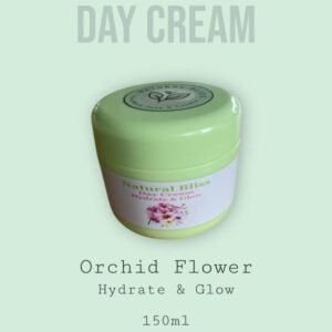 Day Cream – Natural Bliss Ingredients: Distilled water, BTM MS emulsifier, plant-based glycerin, shea butter, jojoba oil, sweet almond oil, vitamin E, phenoxyethanol (preservative), Orchid Flower Essential Oil,150ml