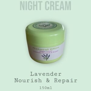 Night Cream – Natural Bliss Ingredients: Distilled water, BTM MS emulsifier, plant-based glycerin, cocoa butter, argan oil, sweet almond oil, coconut oil, vitamin E, phenoxyethanol (preservative), lavender essential oil, 150mll.