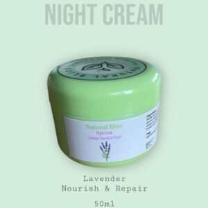 Night Cream – Natural Bliss Ingredients: Distilled water, BTM MS emulsifier, plant-based glycerin, cocoa butter, argan oil, sweet almond oil, coconut oil, vitamin E, phenoxyethanol (preservative), lavender essential oil. 50ml